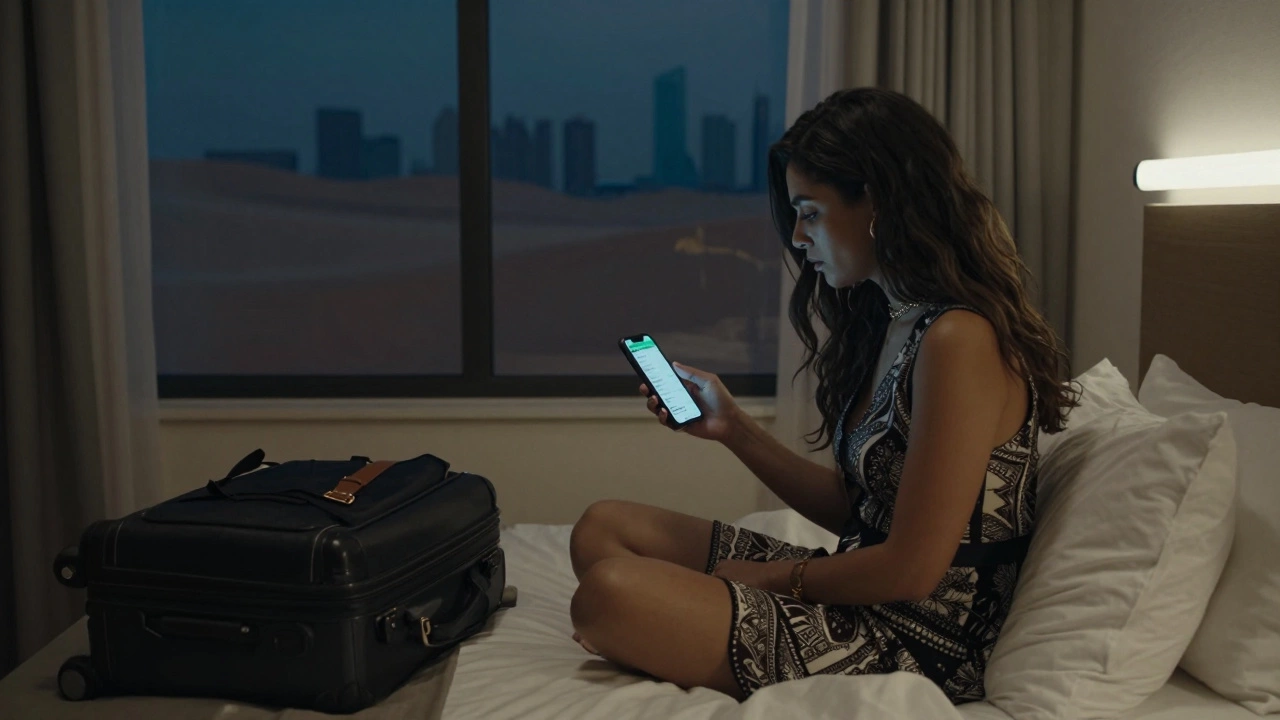 A woman on a hotel bed in Dubai, staring at her phone, suitcase half-packed, city skyline in background.